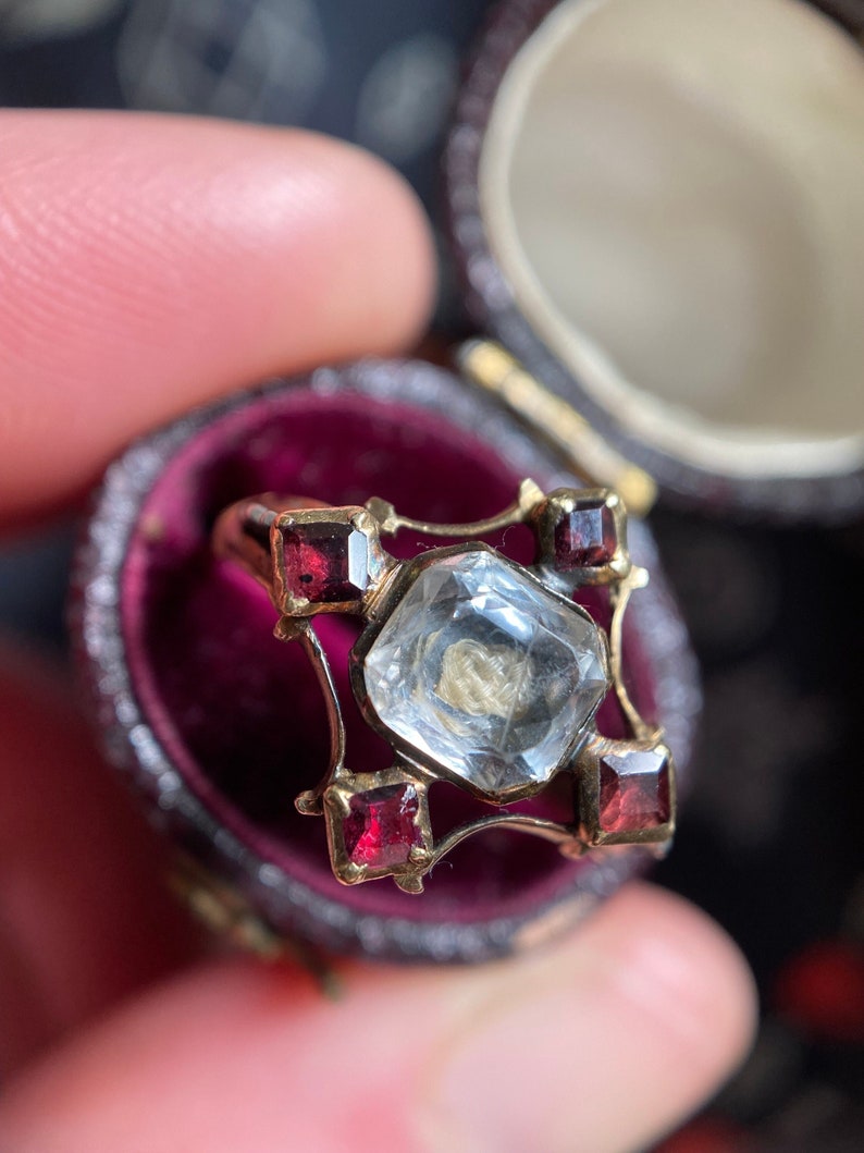 Antique Georgian Sentimental Stuart Crystal Ring with Hair and Garnets of Cruciform c. 1730-1740, Mourning, Amatory, Rococo, 1700's, Basket Set, Rock Crystal