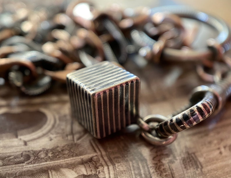 Antique Victorian Silver Niello Striped Cube Fob Charm c. 1900, Edwardian, Pendant, Square, Geometric, Three Dimensional, Black Enamel