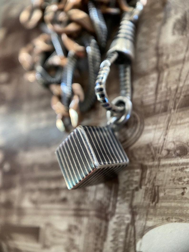 Antique Victorian Silver Niello Striped Cube Fob Charm c. 1900, Edwardian, Pendant, Square, Geometric, Three Dimensional, Black Enamel