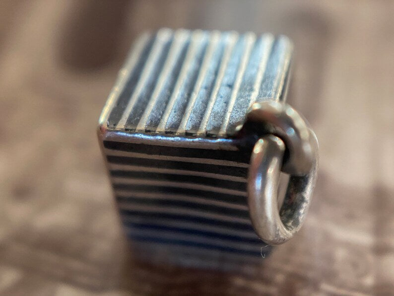 Antique Victorian Silver Niello Striped Cube Fob Charm c. 1900, Edwardian, Pendant, Square, Geometric, Three Dimensional, Black Enamel