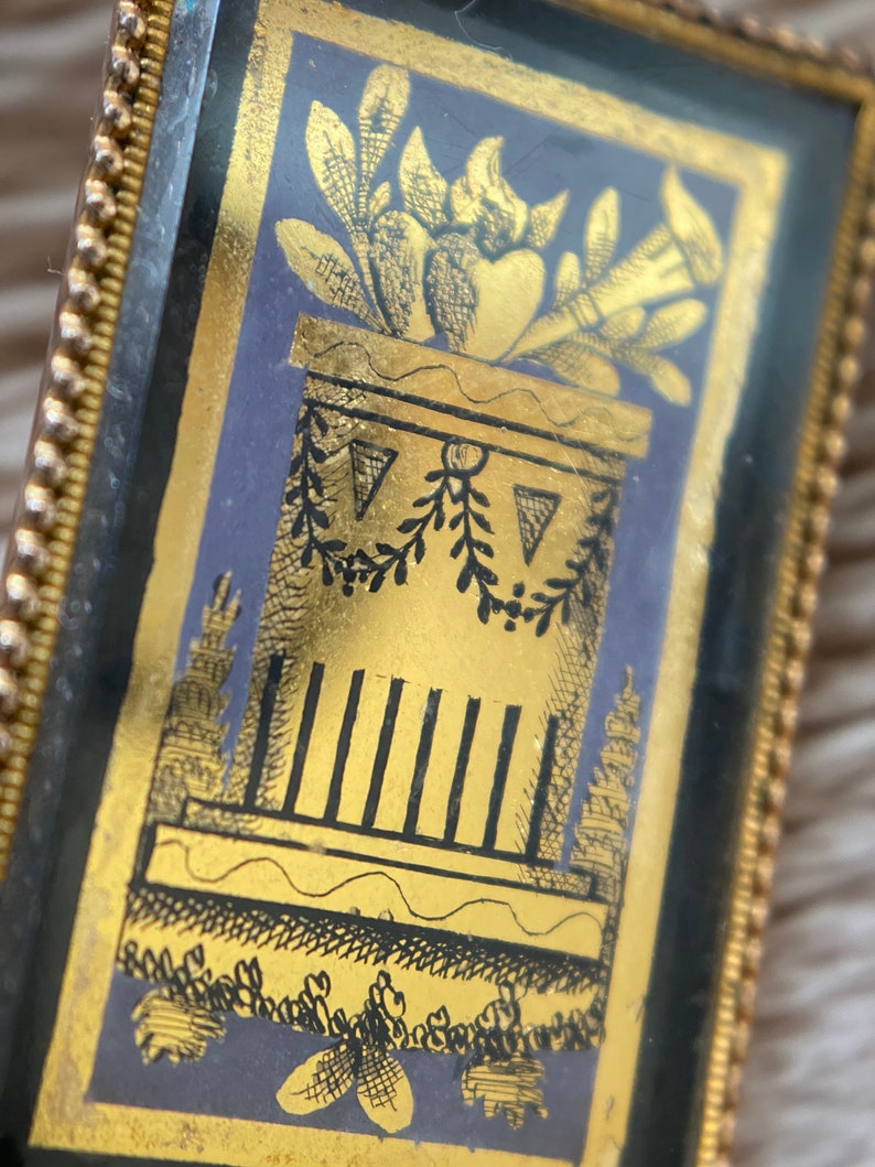Antique Georgian French Sentimental Verre Englomise Flaming Hearts Atop Plinth Brooch in 14k Gold c. 1800, Mourning, Amatory, Pin, 1800's