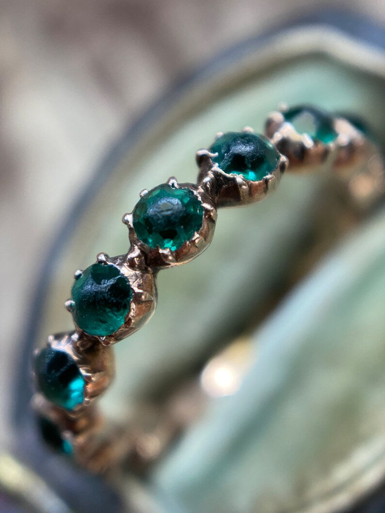 Antique Georgian Full Eternity Hoop Ring with Emerald Paste in 9k Rose Gold c. 1810, Stacking, Stackable, Dainty, Band, 1800's, Infinity, 1800's