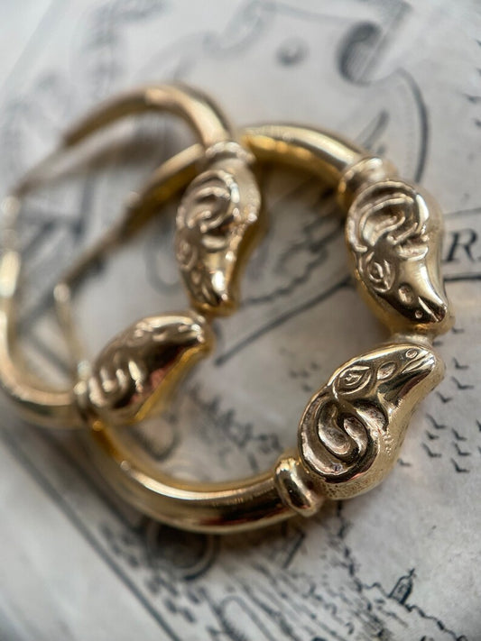 Vintage Italian Pair of Double Kissing Rams Head Hoop Earrings in 18k Gold c. 1980, 1980's, Hollow, Aries, Zodiac, Sun Sign, Medium, Figural