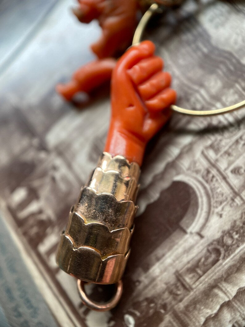 Antique Victorian Coral Figa with Articulated 14k Cuff & 6 Charm Dangle Pendant c. 1870, 1800's, Good Luck, Amulet, Talisman, Evil Eye, Fist, Hand, Malocchio