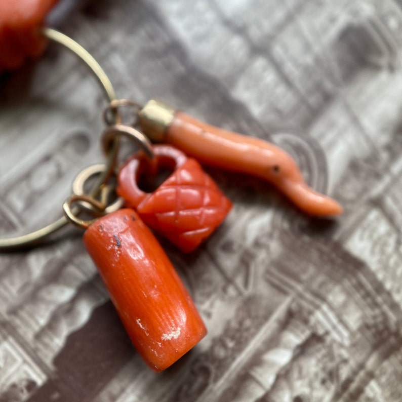 Antique Victorian Coral Figa with Articulated 14k Cuff & 6 Charm Dangle Pendant c. 1870, 1800's, Good Luck, Amulet, Talisman, Evil Eye, Fist, Hand, Malocchio