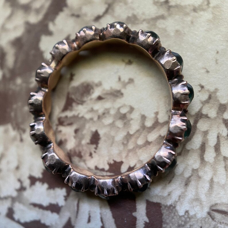 Antique Georgian Full Eternity Hoop Ring with Emerald Paste in 9k Rose Gold c. 1810, Stacking, Stackable, Dainty, Band, 1800's, Infinity, 1800's