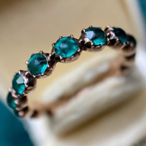 Antique Georgian Full Eternity Hoop Ring with Emerald Paste in 9k Rose Gold c. 1810, Stacking, Stackable, Dainty, Band, 1800's, Infinity, 1800's