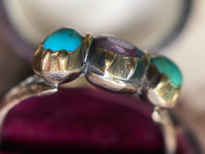 Antique Georgian Pink Topaz and Turquoise Acanthus Leaf Trilogy Ring in 14k Gold c. 1790, Half Hoop, Three Stone, 1800s, Stacking, Stackable