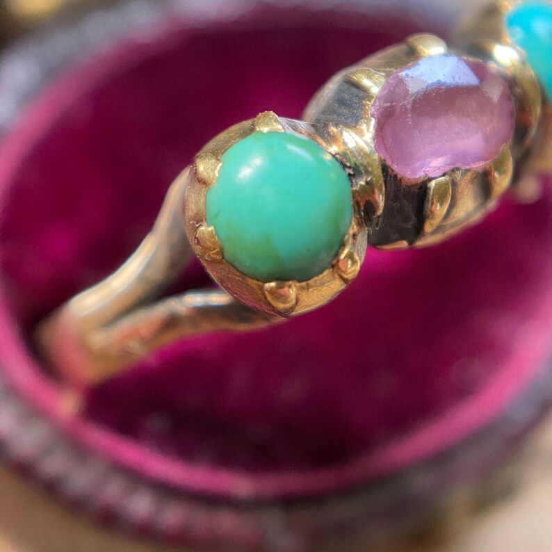 Antique Georgian Pink Topaz and Turquoise Acanthus Leaf Trilogy Ring in 14k Gold c. 1790, Half Hoop, Three Stone, 1800s, Stacking, Stackable