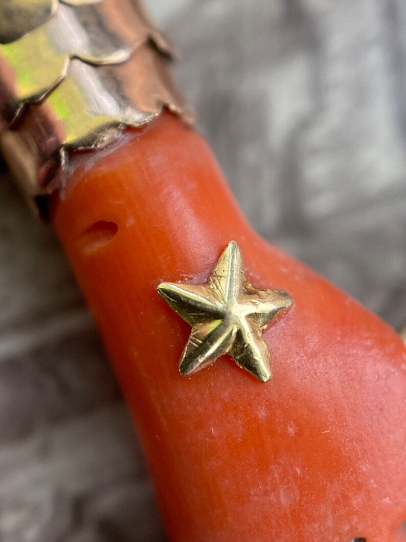 Antique Victorian Coral Figa with Articulated 14k Cuff & 6 Charm Dangle Pendant c. 1870, 1800's, Good Luck, Amulet, Talisman, Evil Eye, Fist, Hand, Malocchio