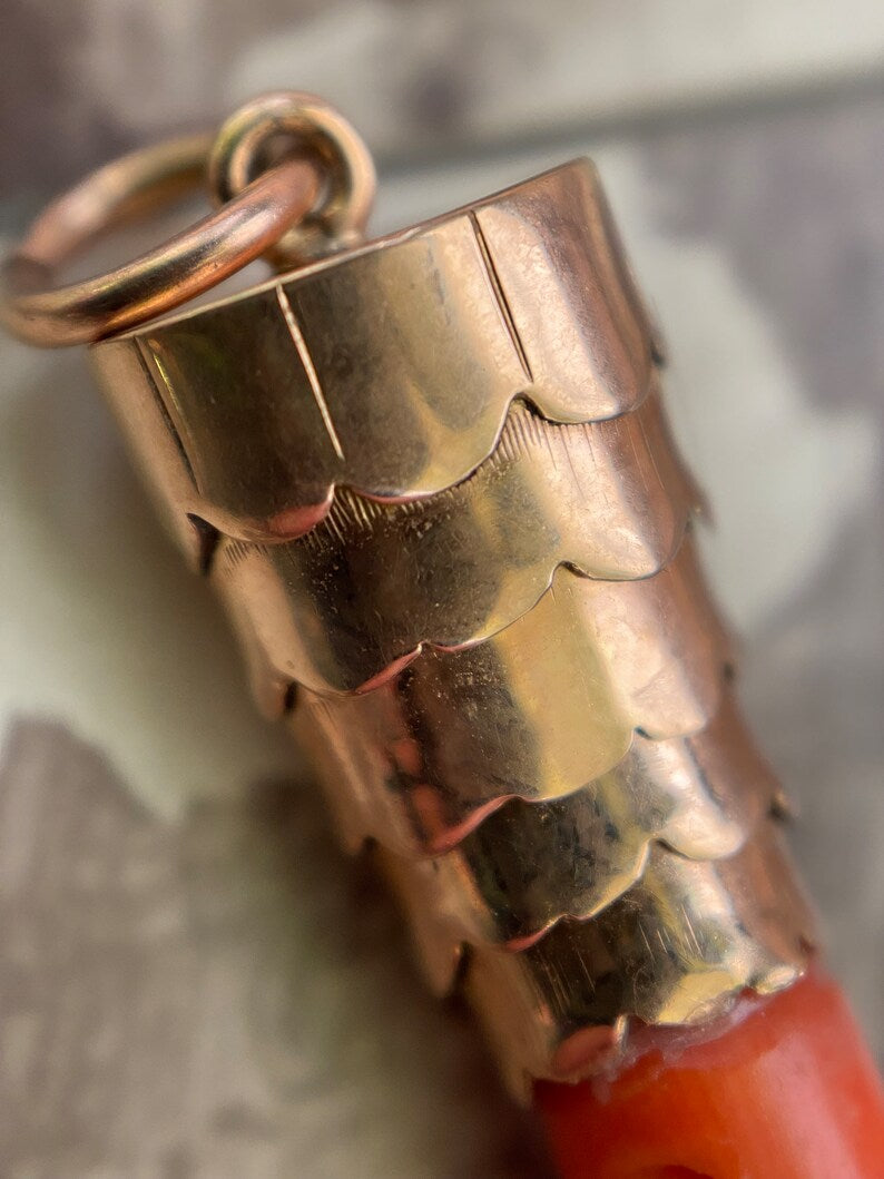 Antique Victorian Coral Figa with Articulated 14k Cuff & 6 Charm Dangle Pendant c. 1870, 1800's, Good Luck, Amulet, Talisman, Evil Eye, Fist, Hand, Malocchio