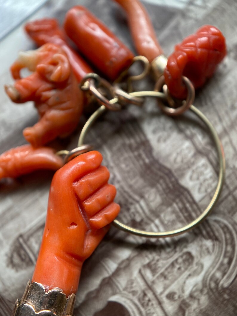 Antique Victorian Coral Figa with Articulated 14k Cuff & 6 Charm Dangle Pendant c. 1870, 1800's, Good Luck, Amulet, Talisman, Evil Eye, Fist, Hand, Malocchio