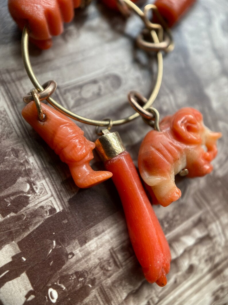 Antique Victorian Coral Figa with Articulated 14k Cuff & 6 Charm Dangle Pendant c. 1870, 1800's, Good Luck, Amulet, Talisman, Evil Eye, Fist, Hand, Malocchio