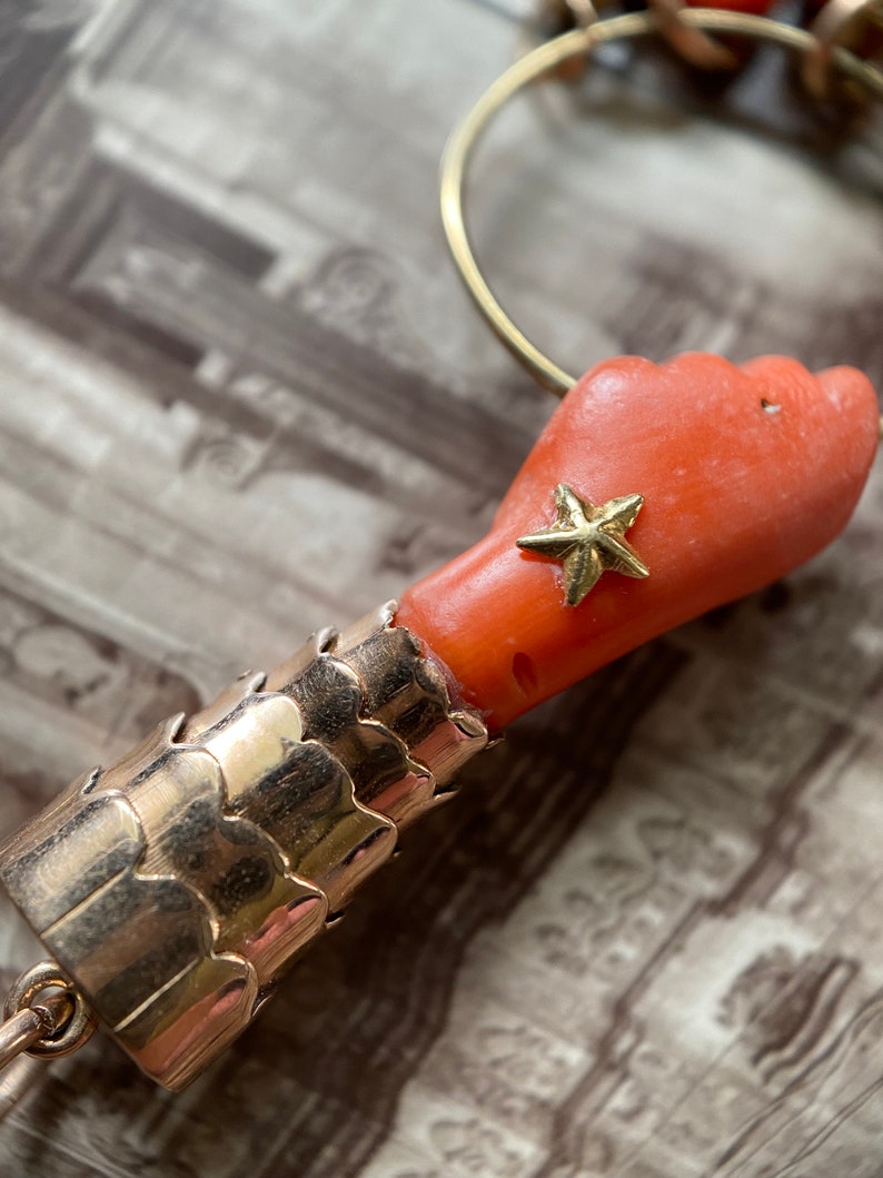 Antique Victorian Coral Figa with Articulated 14k Cuff & 6 Charm Dangle Pendant c. 1870, 1800's, Good Luck, Amulet, Talisman, Evil Eye, Fist, Hand, Malocchio