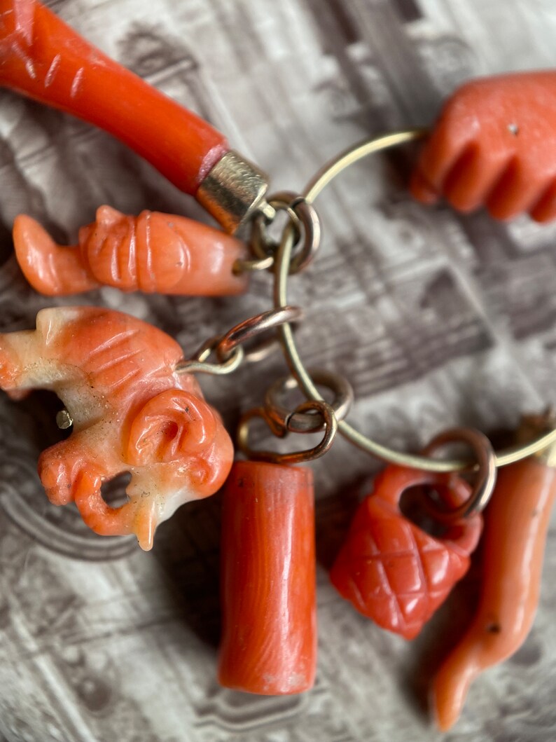 Antique Victorian Coral Figa with Articulated 14k Cuff & 6 Charm Dangle Pendant c. 1870, 1800's, Good Luck, Amulet, Talisman, Evil Eye, Fist, Hand, Malocchio