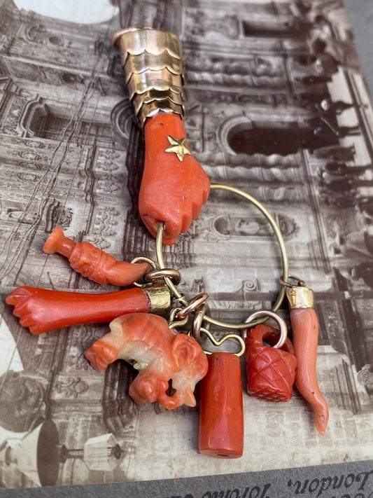 Antique Victorian Coral Figa with Articulated 14k Cuff & 6 Charm Dangle Pendant c. 1870, 1800's, Good Luck, Amulet, Talisman, Evil Eye, Fist, Hand, Malocchio