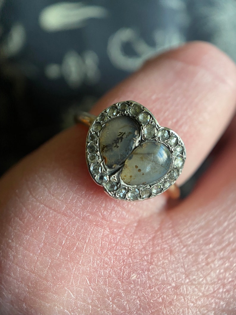 Antique Georgian Double Dendritic Agate Heart and Diamond Surround Betrothal Ring c. 1780 in 9k Gold & Silver, 1700's, Engagement, Amatory, Love Token