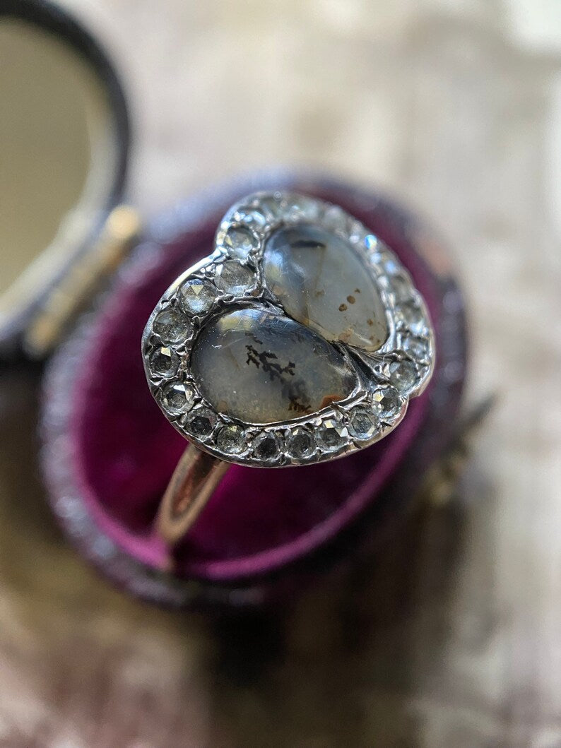Antique Georgian Double Dendritic Agate Heart and Diamond Surround Betrothal Ring c. 1780 in 9k Gold & Silver, 1700's, Engagement, Amatory, Love Token