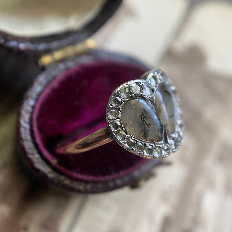 Antique Georgian Double Dendritic Agate Heart and Diamond Surround Betrothal Ring c. 1780 in 9k Gold & Silver, 1700's, Engagement, Amatory, Love Token