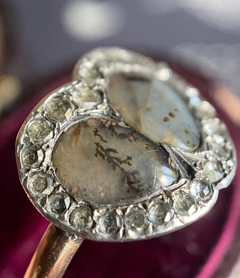 Antique Georgian Double Dendritic Agate Heart and Diamond Surround Betrothal Ring c. 1780 in 9k Gold & Silver, 1700's, Engagement, Amatory, Love Token