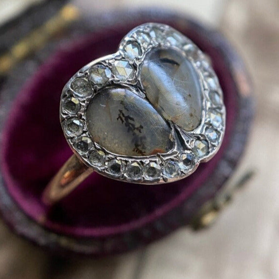 Antique Georgian Double Dendritic Agate Heart and Diamond Surround Betrothal Ring c. 1780 in 9k Gold & Silver, 1700's, Engagement, Amatory, Love Token