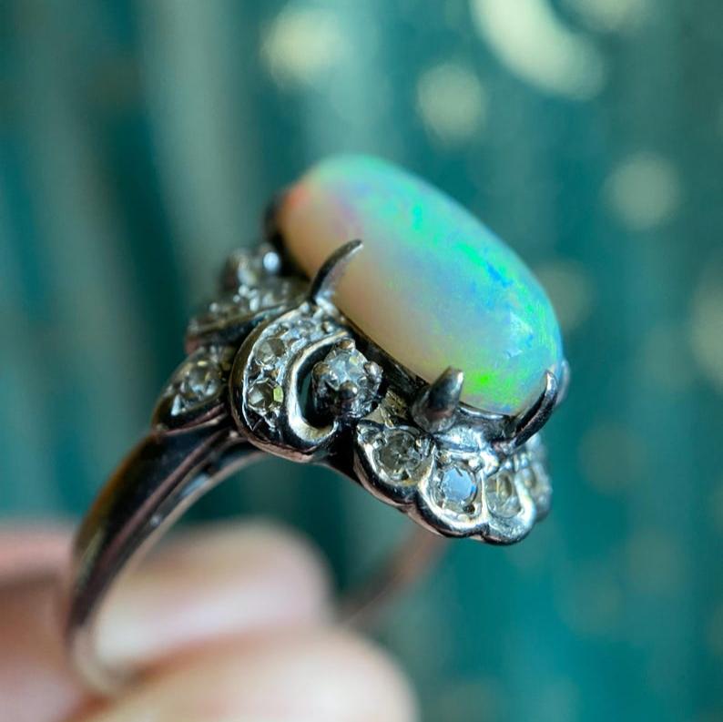 Antique Art Deco Oval Opal and Diamond Mount Dinner Ring in 18k White Gold c. 1920, Cluster, 1900's, Belle Epoque, Diamonds, Surround, HaloEdwardian, Cluster