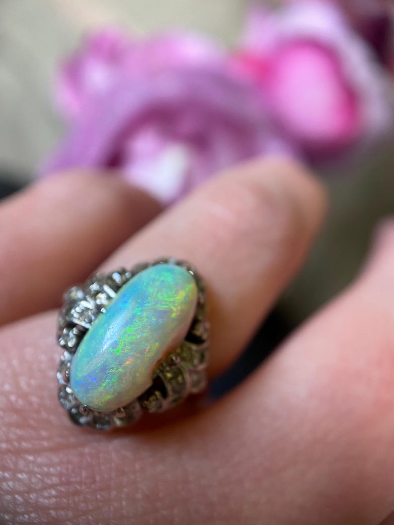 Antique Art Deco Oval Opal and Diamond Mount Dinner Ring in 18k White Gold c. 1920, Cluster, 1900's, Belle Epoque, Diamonds, Surround, HaloEdwardian, Cluster