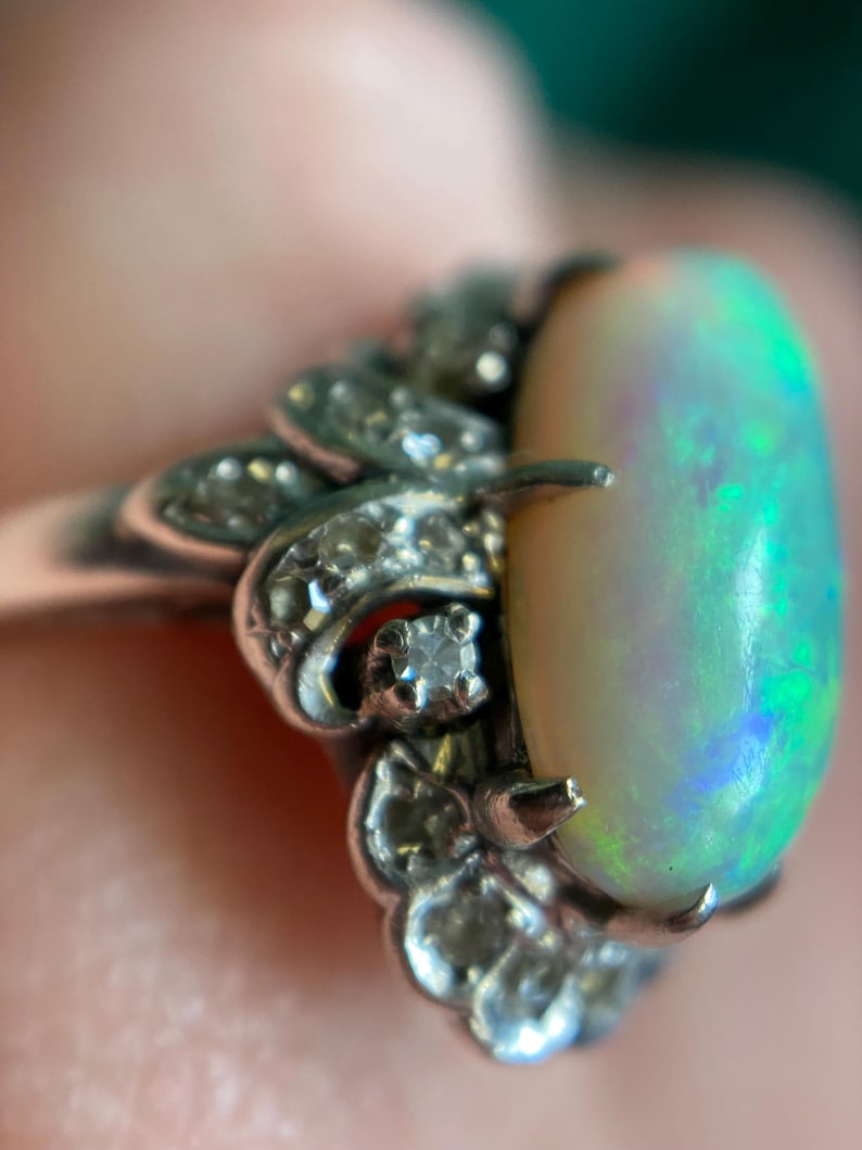 Antique Art Deco Oval Opal and Diamond Mount Dinner Ring in 18k White Gold c. 1920, Cluster, 1900's, Belle Epoque, Diamonds, Surround, HaloEdwardian, Cluster