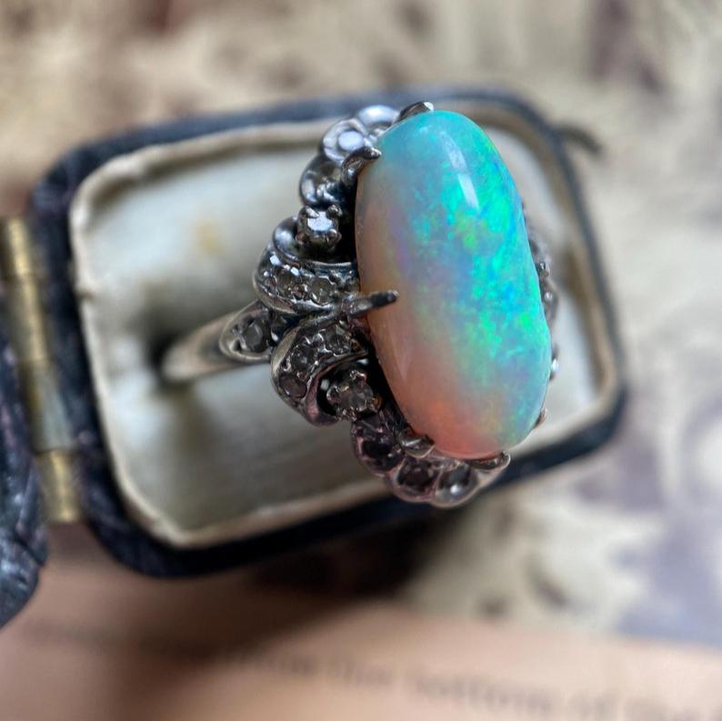 Antique Art Deco Oval Opal and Diamond Mount Dinner Ring in 18k White Gold c. 1920, Cluster, 1900's, Belle Epoque, Diamonds, Surround, HaloEdwardian, Cluster