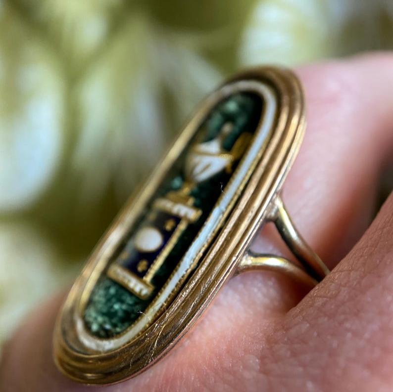 Antique Georgian Neo-Classical Oval Navette Enameled Urn & Plinth on Green Cloth Mourning Ring in Gold c. 1788, 1700s, Inscribed, Memorial, Engraved, Project, Conversion