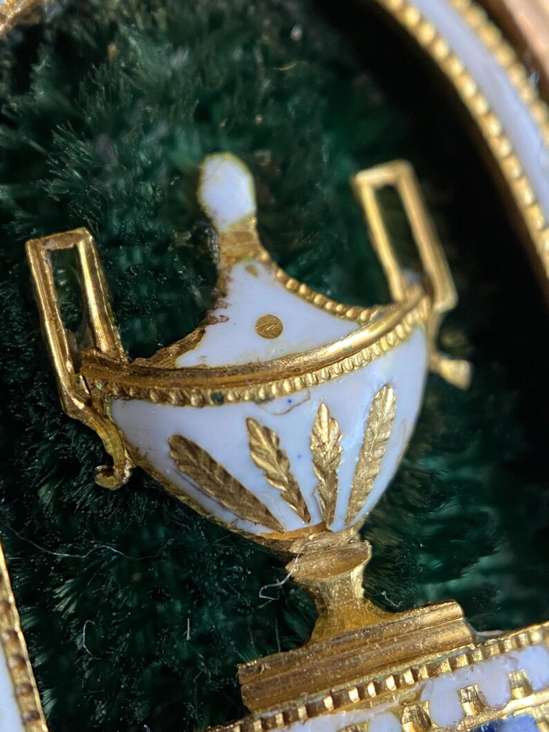 Antique Georgian Neo-Classical Oval Navette Enameled Urn & Plinth on Green Cloth Mourning Ring in Gold c. 1788, 1700s, Inscribed, Memorial, Engraved, Project, Conversion