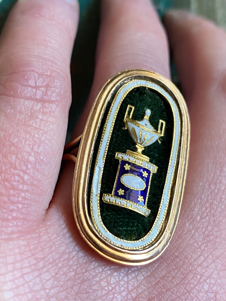 Antique Georgian Neo-Classical Oval Navette Enameled Urn & Plinth on Green Cloth Mourning Ring in Gold c. 1788, 1700s, Inscribed, Memorial, Engraved, Project, Conversion