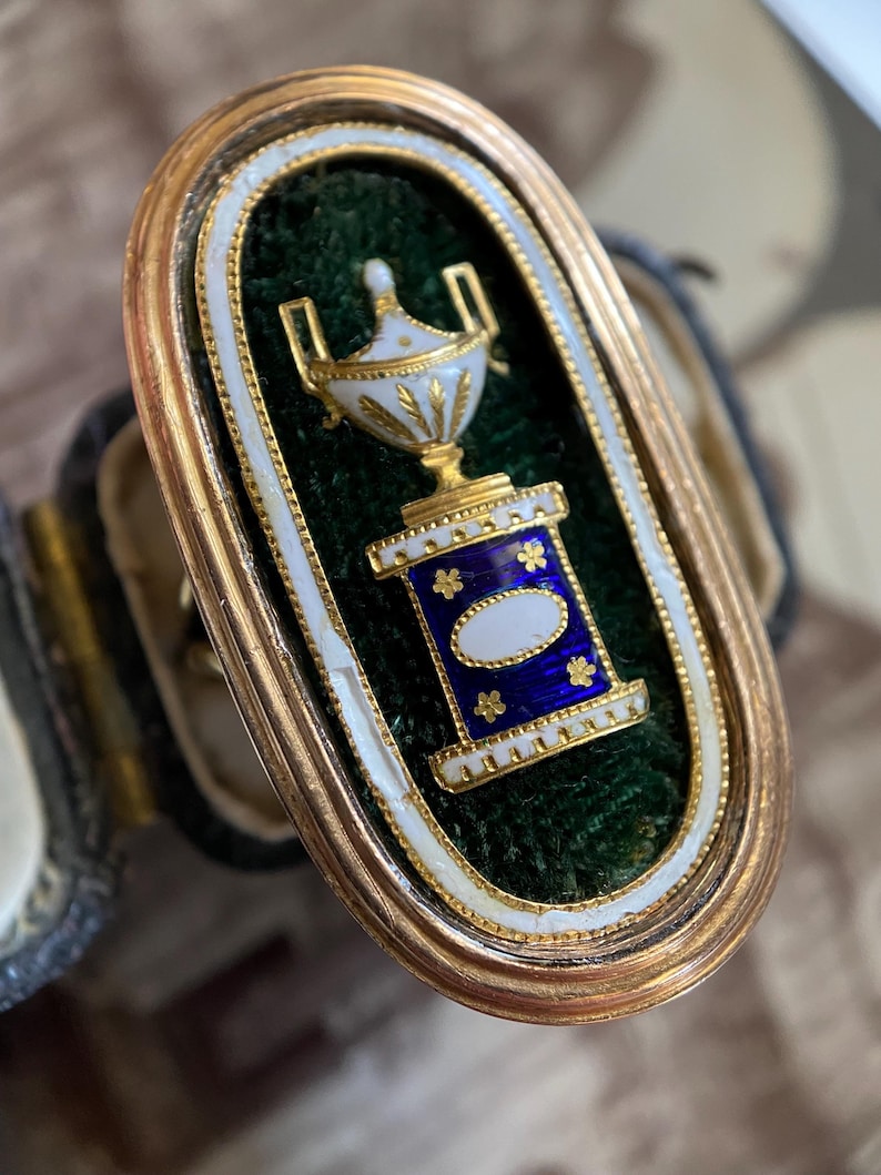 Antique Georgian Neo-Classical Oval Navette Enameled Urn & Plinth on Green Cloth Mourning Ring in Gold c. 1788, 1700s, Inscribed, Memorial, Engraved, Project, Conversion