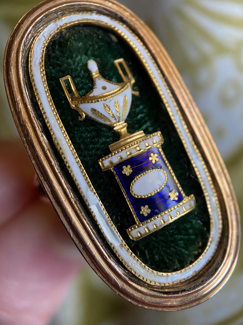 Antique Georgian Neo-Classical Oval Navette Enameled Urn & Plinth on Green Cloth Mourning Ring in Gold c. 1788, 1700s, Inscribed, Memorial, Engraved, Project, Conversion