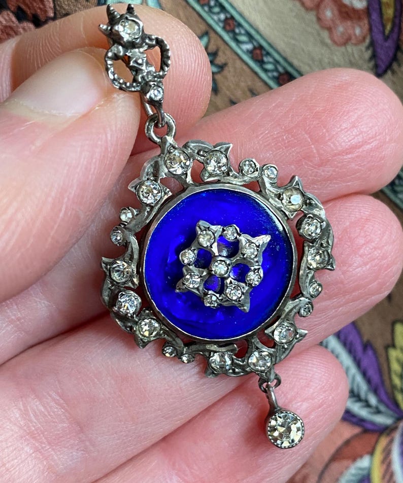 Antique Early Victorian Round Bristol Blue Glass & Paste Surround Dangle Pendant in Silver c. 1800, Circular, Late Georgian, Drop, Engraved, Floral, Cross,