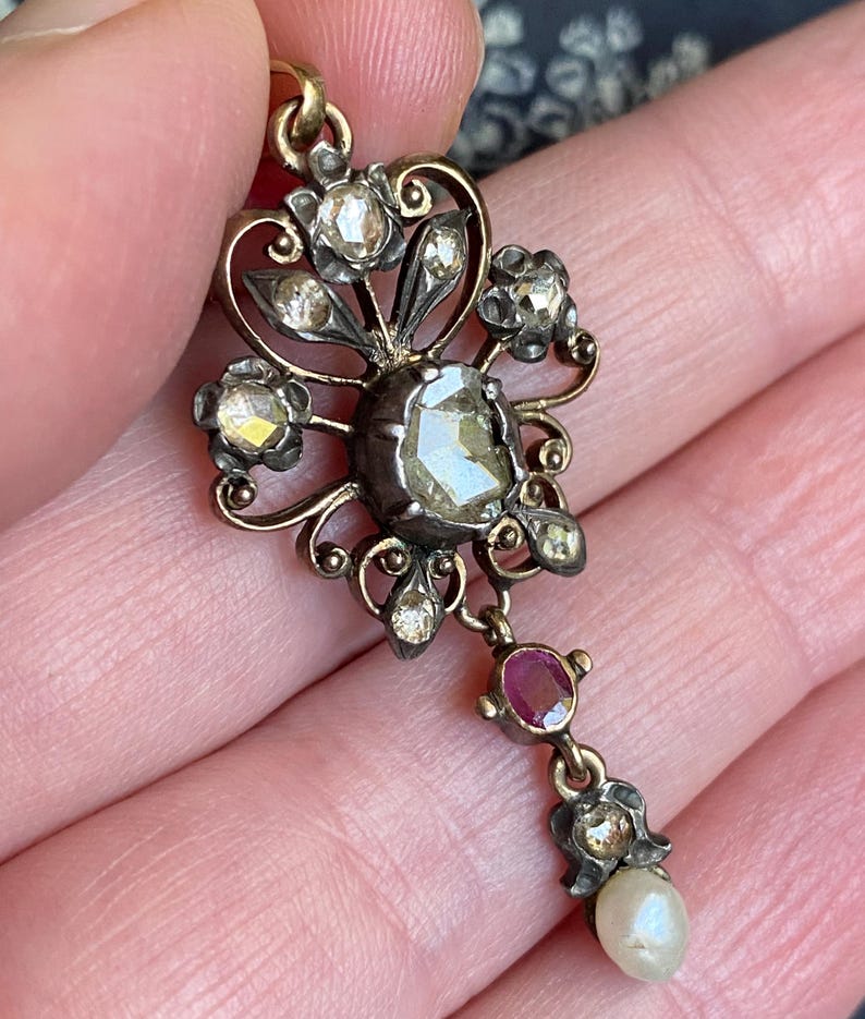 Antique Georgian Openwork Rose Cut Diamond & Pearl Baroque Dangle Pendant in Silver and Rose Gold, 1700's, Closed Back, Drop, Lavalier, Floral, Flower, 18th c, Necklace