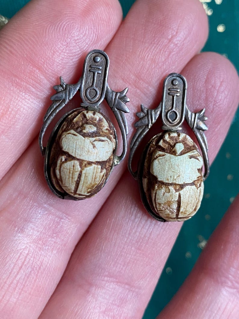 Antique Art Deco Egyptian Revival Taupe Ceramic Faience Scarab Drop Earrings in Silver Cartouche & Lotus Settings c 1920, Archeological Revival, 1900s, Dangle