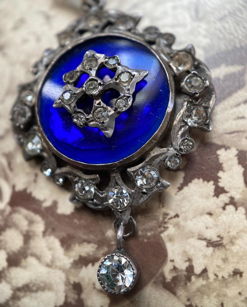 Antique Early Victorian Round Bristol Blue Glass & Paste Surround Dangle Pendant in Silver c. 1800, Circular, Late Georgian, Drop, Engraved, Floral, Cross,