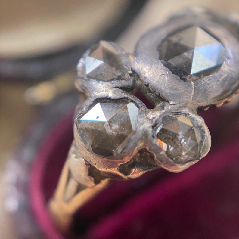 Antique Georgian Baroque Moody Rose-Cut Dark Diamond Bow Ring with Silver Rub-Over Settings & 18k Gold c 1750, Seven Stone, Iberian, Cluster, Dutch