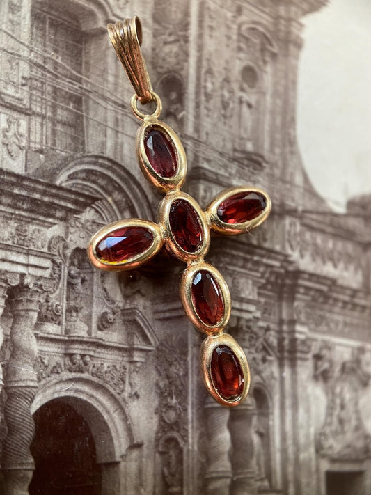 Vintage Dainty Oval Flat-Cut Garnet Six Stone Cross Charm in 14k Yellow Gold c. 1980, Bezel Set, Pendant, Devotional, Religious, Necklace
