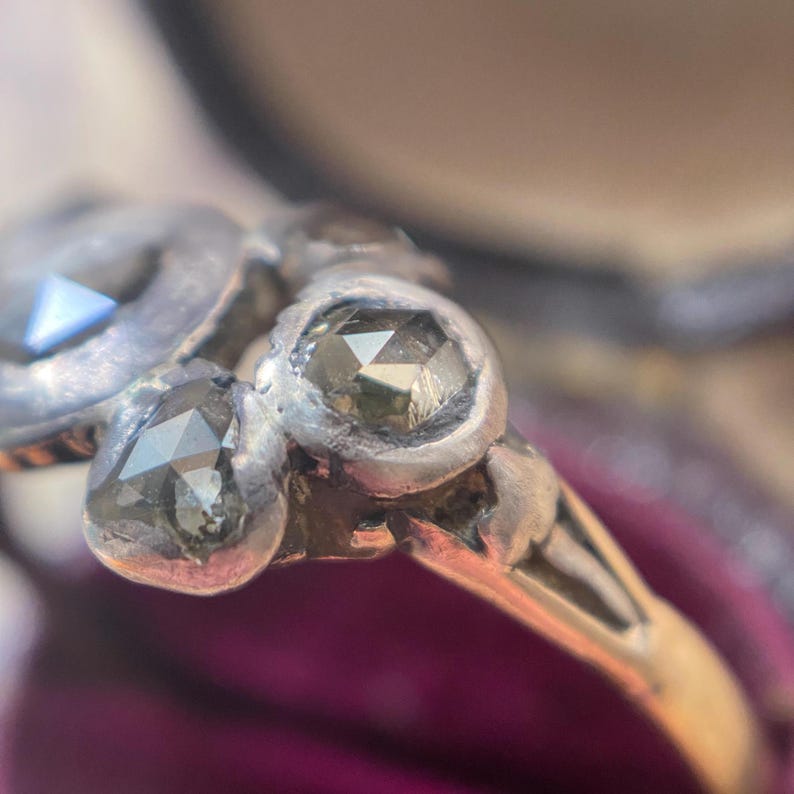 Antique Georgian Baroque Moody Rose-Cut Dark Diamond Bow Ring with Silver Rub-Over Settings & 18k Gold c 1750, Seven Stone, Iberian, Cluster, Dutch