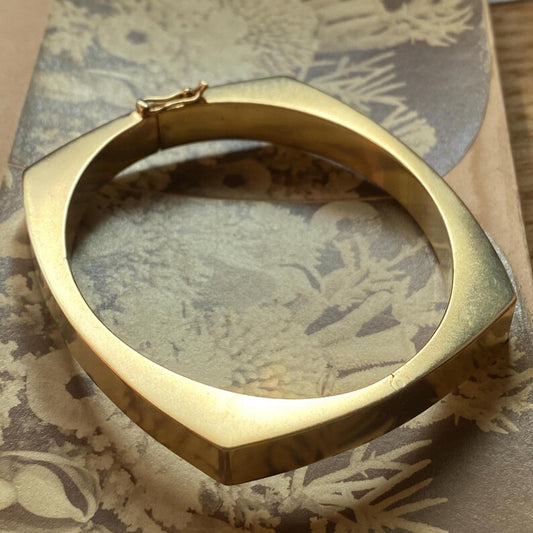 Vintage Italian Square Geometric Hinged Bangle Bracelet in Satin Finished 14k Gold c 1970, Modernist, Mid Century, 20th Century, Retro, Cuff