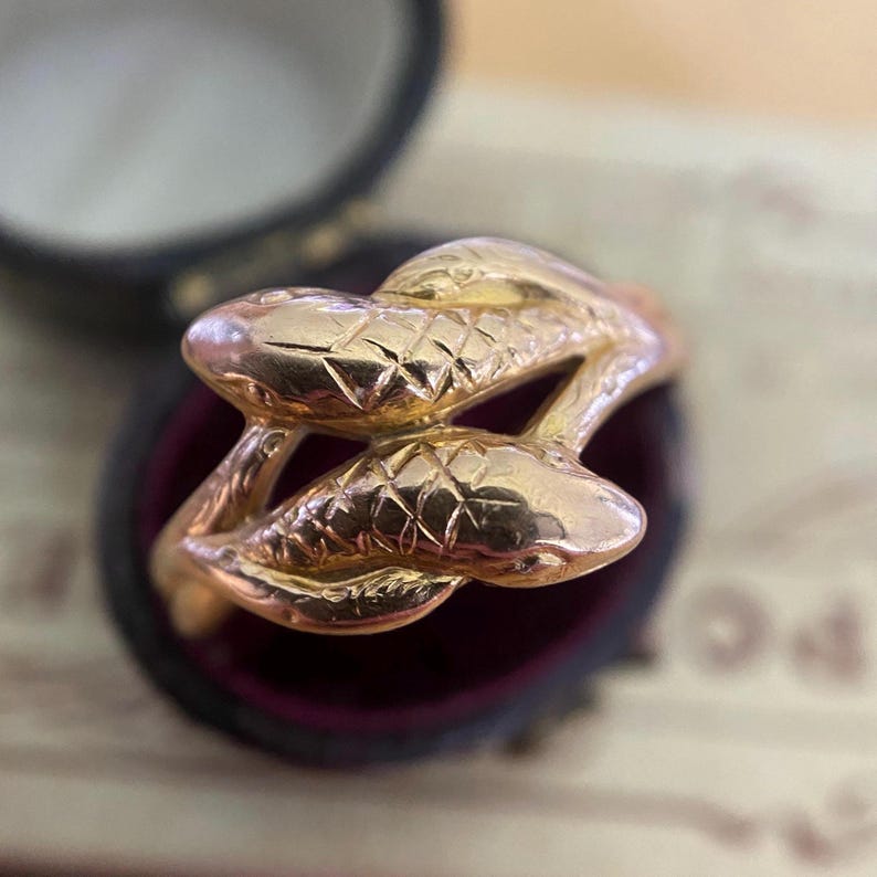 Antique French Victorian Double Entwined Snake Ring in 18k Gold, Serpent, Sentimental, 1800’s, Symbolism, Stacking, Stackable, Animal