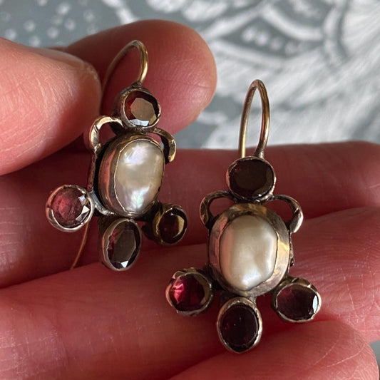 Antique Georgian Austrio-Hungarian Mini Girandole Drop Earrings with a Baroque Pearl and Flat-Cut Foiled Garnets in Silver and 14k Gold