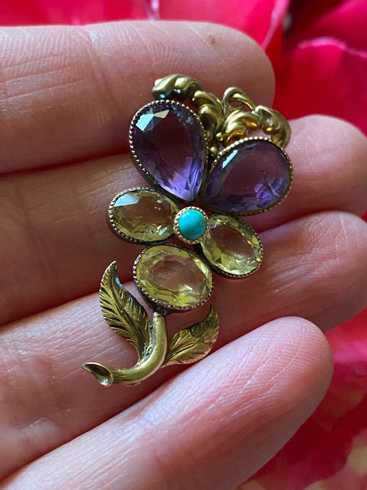 Antique Late Georgian Amethyst, Citrine & Turquoise Pansy Pendant with 14k Stem and Leaves, Sentimental, Flower, Early Victorian, 1800’s