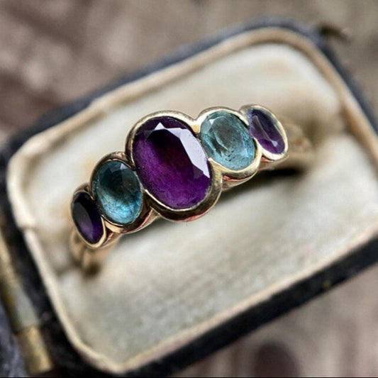Antique Victorian Unusual Oval Flat Cut Amethyst & Blue Topaz Five Stone Half-Hoop Ring in 9k Gold, Stackable, Stacking, Bezel Set, 1800's