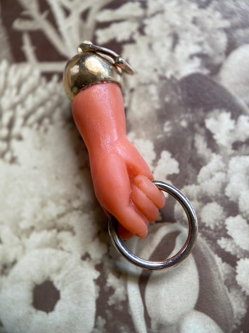 Antique Victorian Salmon Pink Mano Figa Fist Pendant w/ Articulated Charm Connector Capped in 18k Gold, Hand, Good Luck, Grand Tour, Evil Eye