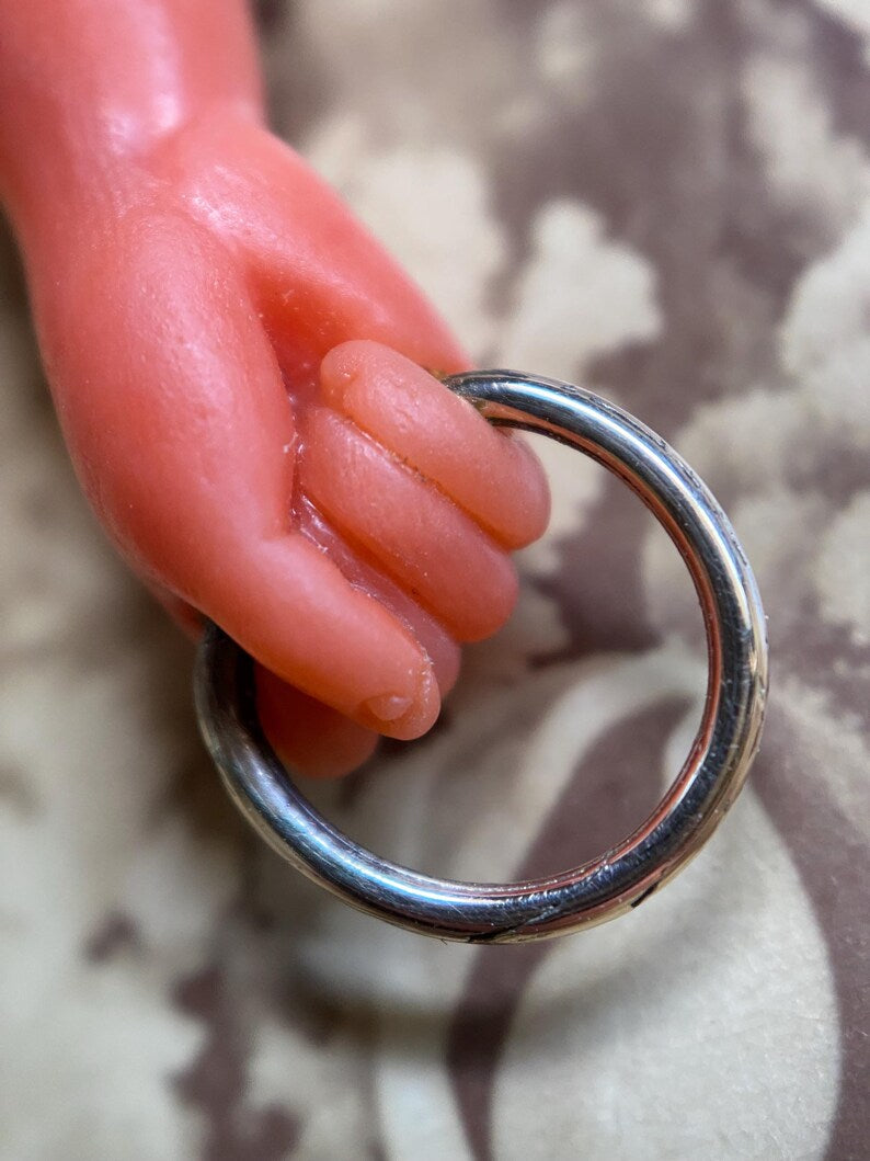 Antique Victorian Salmon Pink Mano Figa Fist Pendant w/ Articulated Charm Connector Capped in 18k Gold, Hand, Good Luck, Grand Tour, Evil Eye