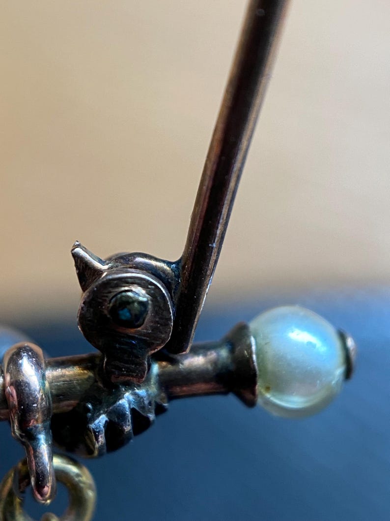 Antique Edwardian Pair of Playful Monkeys Bar Brooch Set with "Diamond" Paste Rounds & Faux Pearls in Silver, Figural, Art Deco, Pin, 1900's