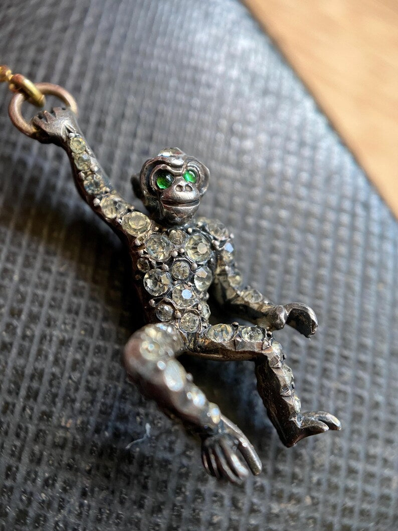 Antique Edwardian Pair of Playful Monkeys Bar Brooch Set with "Diamond" Paste Rounds & Faux Pearls in Silver, Figural, Art Deco, Pin, 1900's